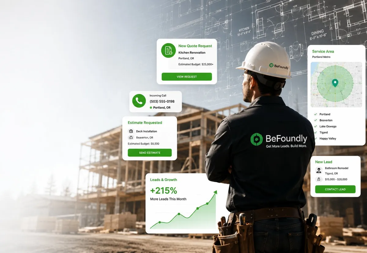 Contractor marketing with quote requests, incoming calls, service area map, and 215% lead growth