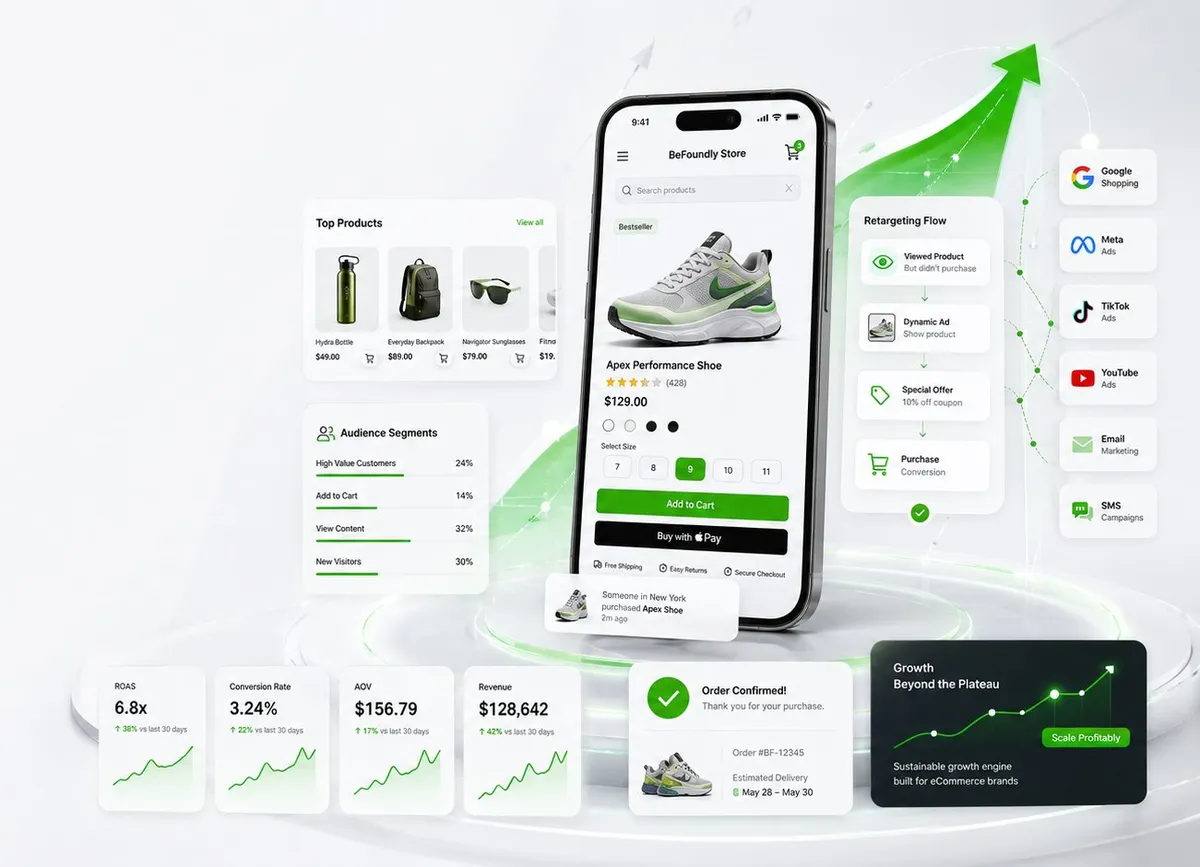 E-commerce marketing: online store with retargeting flow across Google Shopping, Meta, TikTok, and 6.8x ROAS