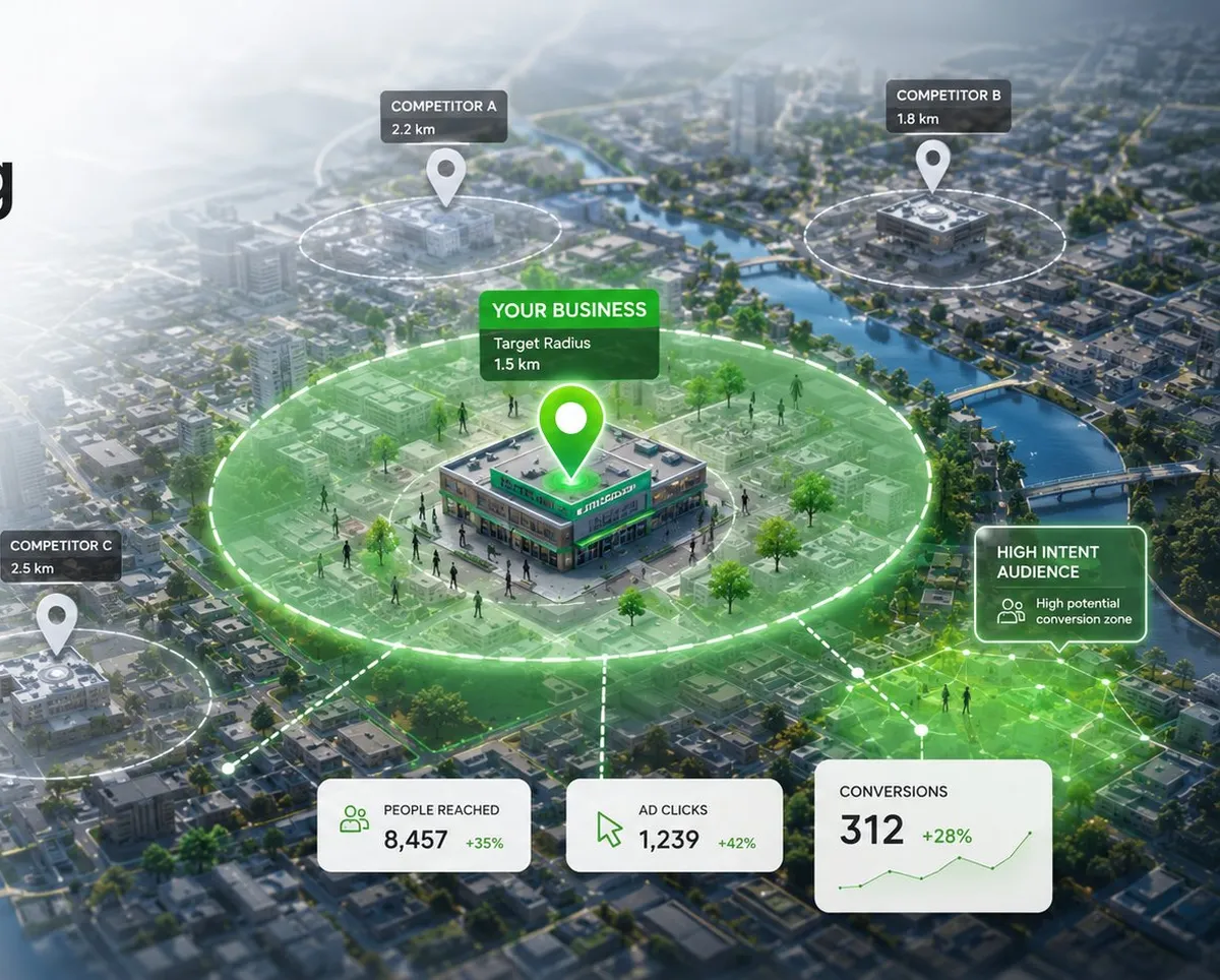 Geo-fencing advertising map showing a business target radius and competitor locations with campaign metrics