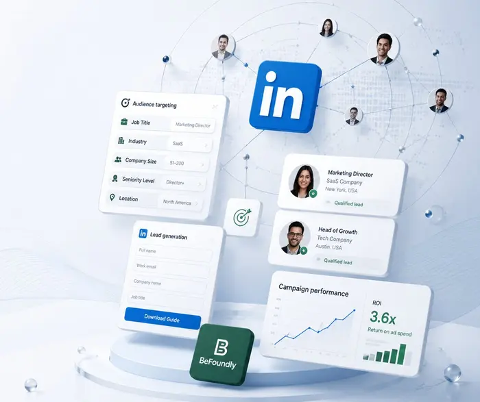 LinkedIn ads audience targeting by job title, industry, and seniority with lead generation form and campaign ROI