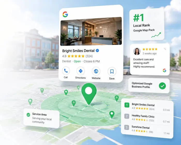 Google Business Profile ranked first in the local map pack with reviews and service area
