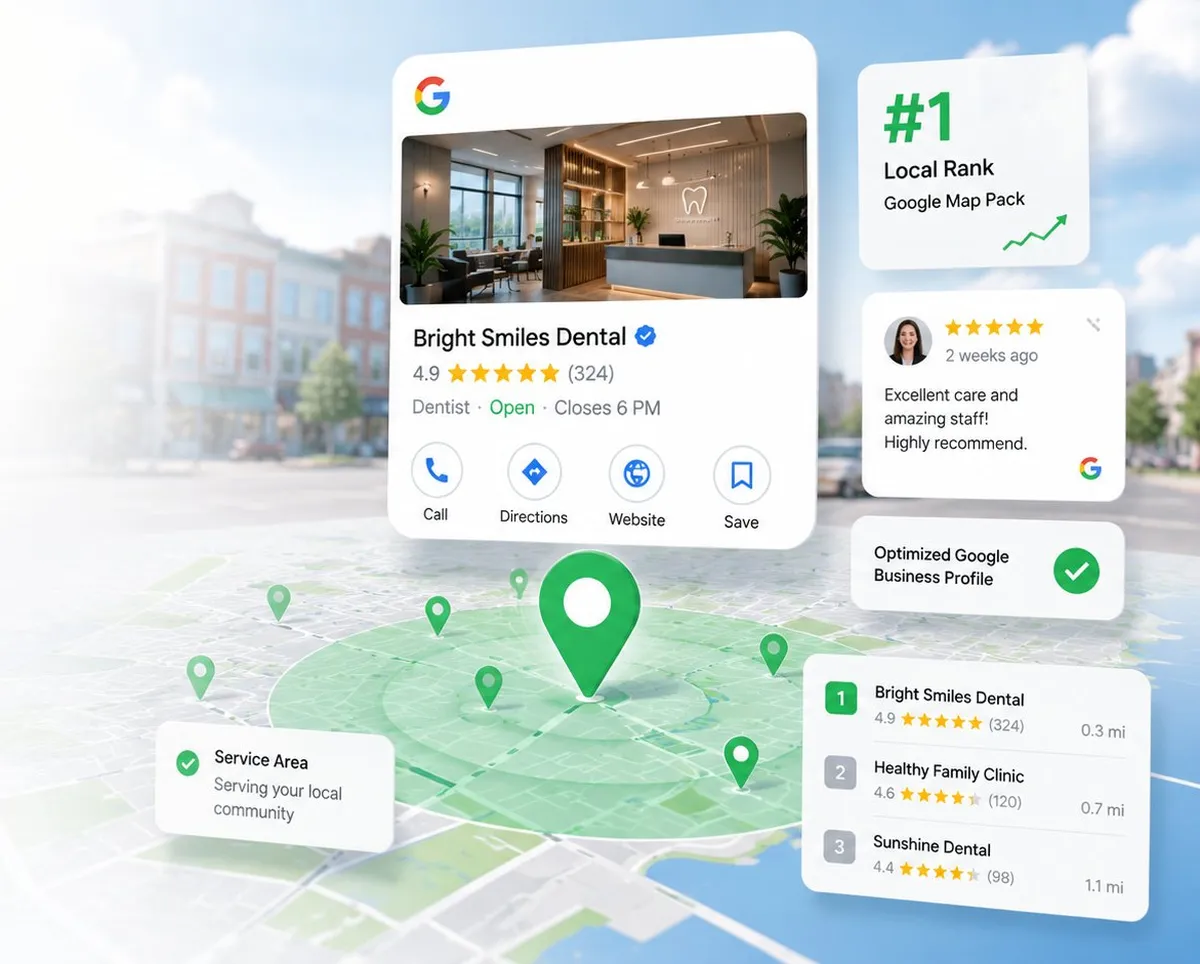 Google Business Profile ranked first in the local map pack with reviews and service area