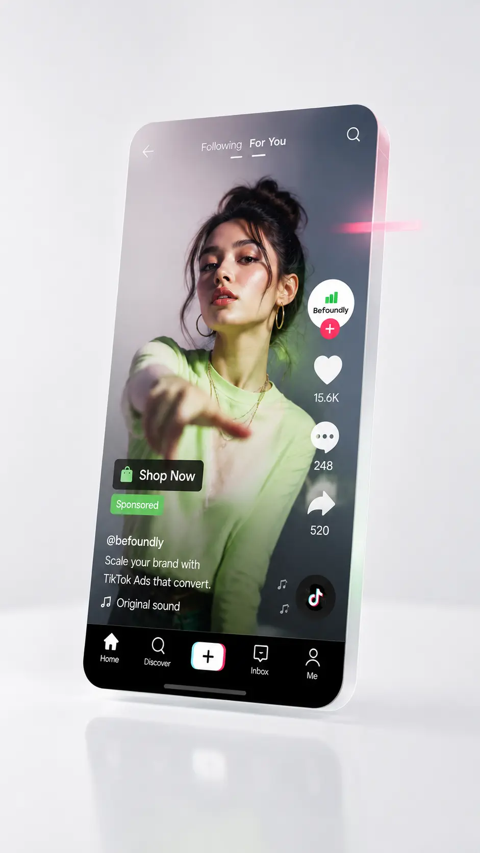 TikTok ad campaign with BeFoundly sponsored placement, ROAS, conversions, and audience insights