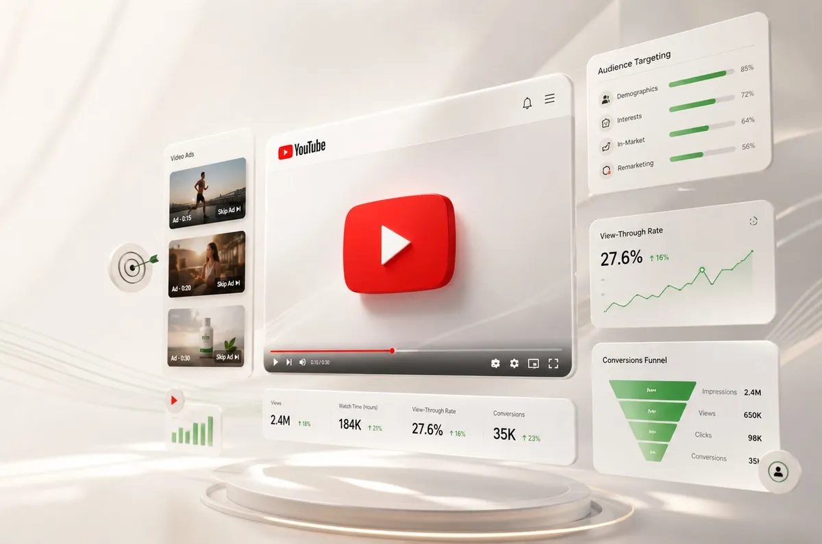 YouTube advertising dashboard with video ad formats, audience targeting, view-through rate, and conversion funnel